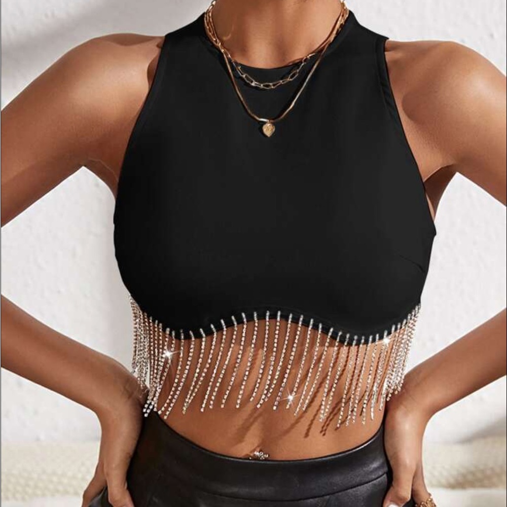 Rhinestone Fringe Zip Back Tank Top LARGE